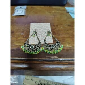 Silver tone Bollywood dangle hook earrings with yellow and green beads